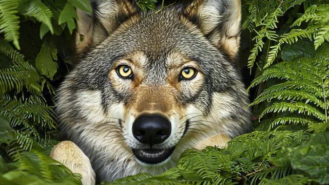 Wolf Peering Through Lush Green Ferns in Natural Habitat