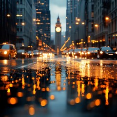 Obraz premium Rainy City Street with Glowing Reflections from Cars and Street Lamps
