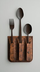 Bronze Fork Spoon Set in Rustic Leather Holder on Grey, Minimalist Flat Lay
