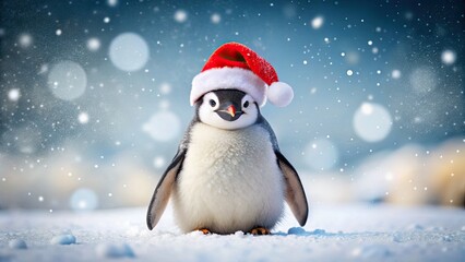 Adorable Penguin Santa Hat Snowy Scene Minimalist Photography - Winter Holiday Wildlife Image