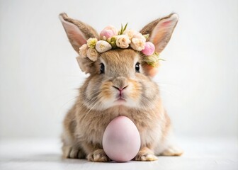 Obraz premium Adorable Easter Bunny Floral Crown Egg White Background - Cute Spring Rabbit Holiday Image