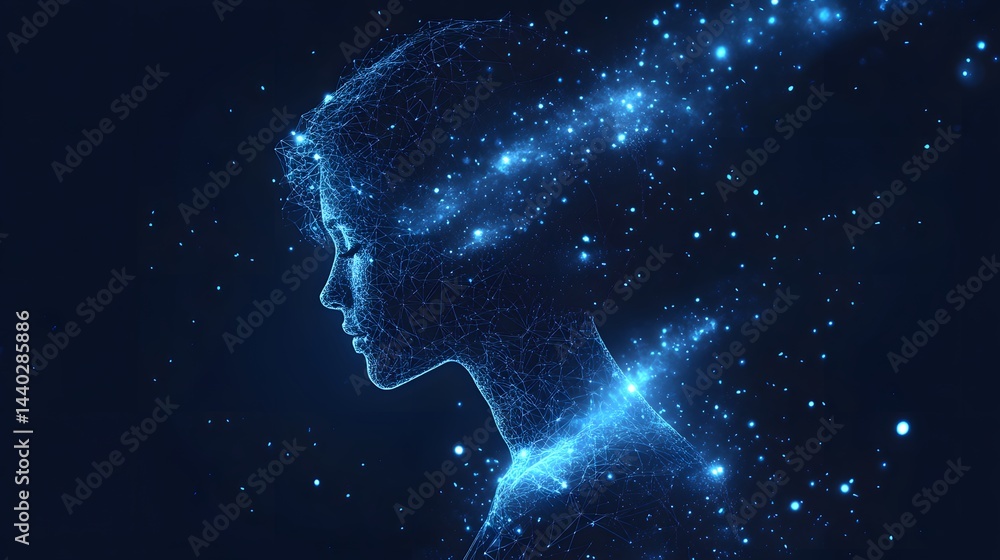 Aufkleber ethereal female profile glows with interconnected lines and points in shades of blue. represents dig