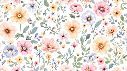Seamless floral pattern, watercolor background pattern color flowers on white background