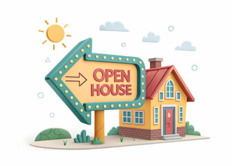 Fototapeta premium Colorful Open House Sign and House in a Friendly Style