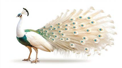 Fototapeta premium Elegant white peacock in full feather display, isolated on seamless white background for a clean, regal look