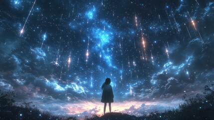 Fototapeta premium Night Sky Wonder: A Girl Witnessing a Celestial Event