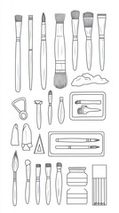 Collection of various art supplies for painting and drawing.