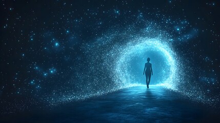 Fototapeta premium A silhouetted figure approaches a shimmering portal, stepping into the unknown. Reflective ground and starry backdrop create a dreamlike scene. Abstract wireframe in dark blue.