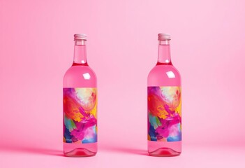 Two pink bottles with vibrant abstract labels against a pink background,  eye-catching, pink bottle