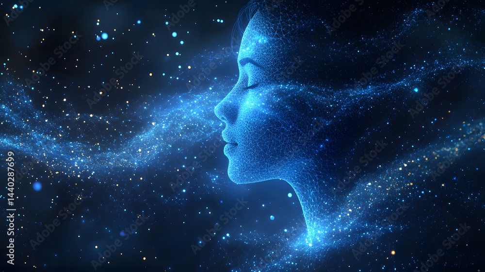 Leinwandbilder serene profile of a woman's face rendered in interconnected blue lines, evoking technology and spiri