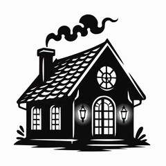 Silhouette Christmas House in Stained Glass Round Frame – Black Vector Clipart