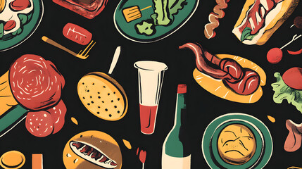Seamless pattern design with pizza food vector icons for a restaurant menu