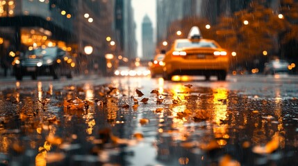 Fototapeta premium Rainy City Street with Glowing Reflections from Cars and Street Lamps