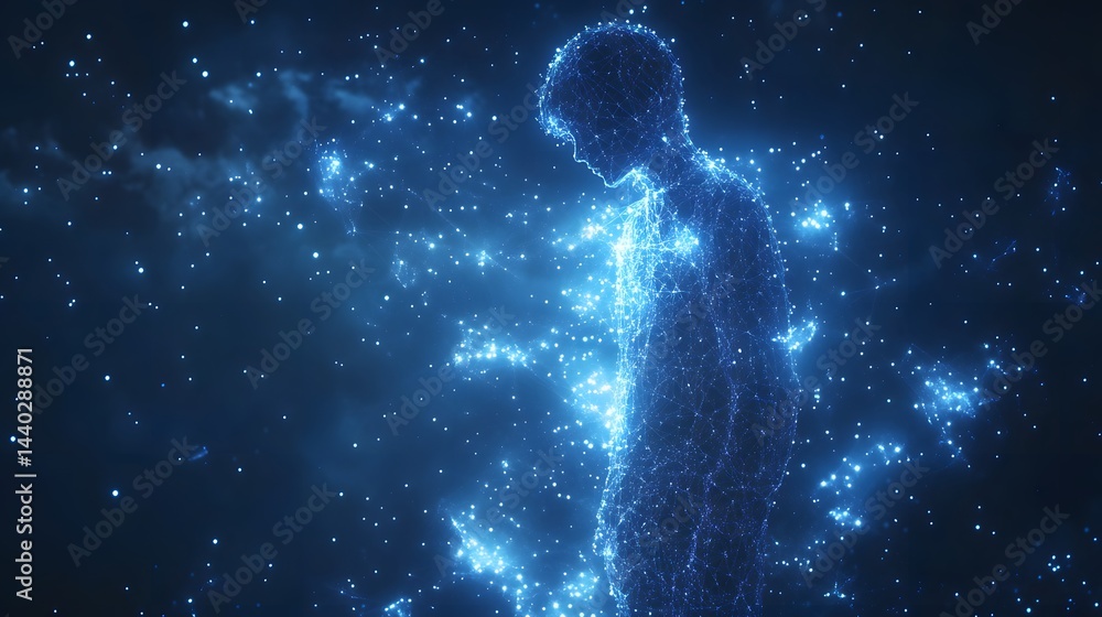 Aufkleber a luminous, ethereal figure of interconnected blue dots forms a digital human in a cosmic setting. t