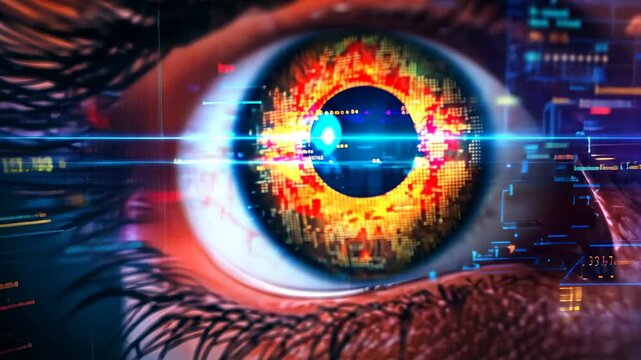 Futuristic Cyber Eye with Digital Glitches and Colorful Patterns