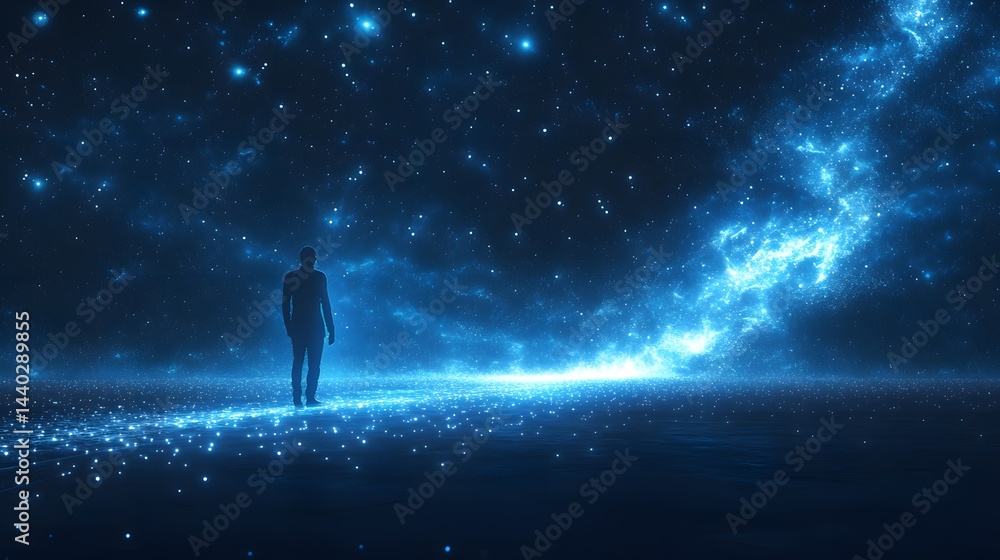 Aufkleber silhouetted figure amidst a cosmic expanse. stars and nebulae illuminate the scene, guiding the figu