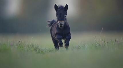 Fototapeta premium Dark foal galloping in grassy field