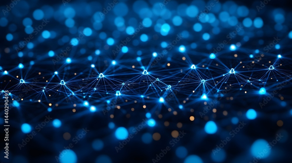 Poster Interconnected blue nodes form a complex technological network, enhanced by a bokeh effect of blue and yellow lights, suggesting digital connectivity. Abstract wireframe in dark blue.