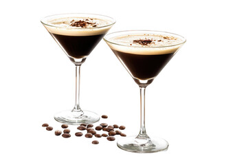 Two espresso martini cocktails isolated on a white background, png, transparent