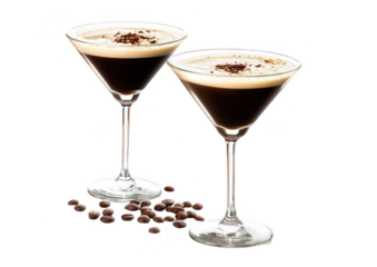 Two espresso martini cocktails isolated on a white background, png, transparent