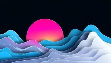 Abstract vector illustration of a gradient background with stylized waves and mountains, featuring
