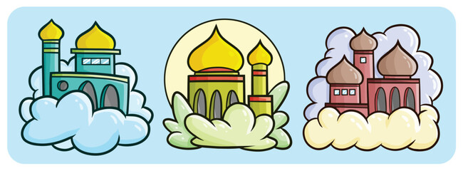 Funny mosque on the cloud cartoon illustration set