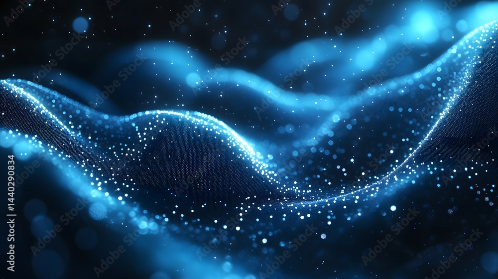 Aufkleber Abstract image showcasing luminous blue dots forming a wavy, topographical pattern against a dark backdrop. Suggests digital landscapes and futuristic tech, Abstract wireframe in dark blue