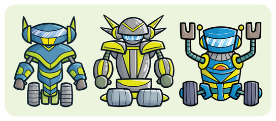 Funny blue and grey robots cartoon illustration set