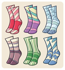 Funny and colorful socks cartoon illustration set