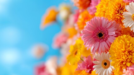 Vibrant Colorful Flowers Blooming Against a Clear Blue Sky Background