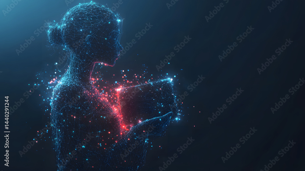 Poster futuristic woman made of blue lines holds a glowing tablet displaying 'intt wils!'. red and blue par