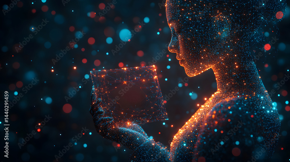 Fototapete Futuristic digital human figure holding a transparent, point-based object containing 