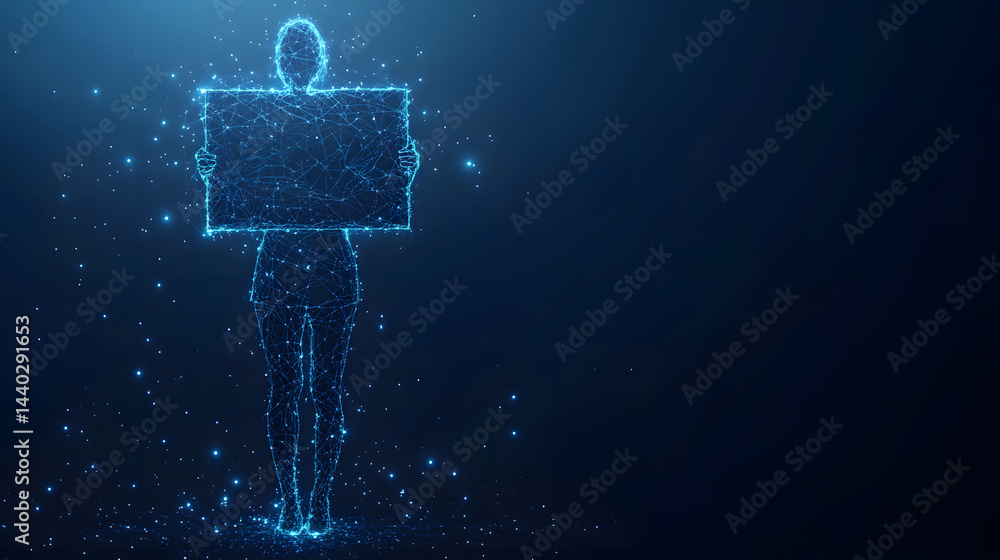 Poster Abstract wireframe figure dynamically presents 'INT WIS' on a glowing sign against a dark blue, star-speckled backdrop. Ideal for data visualization concepts. Abstract wireframe in dark blue