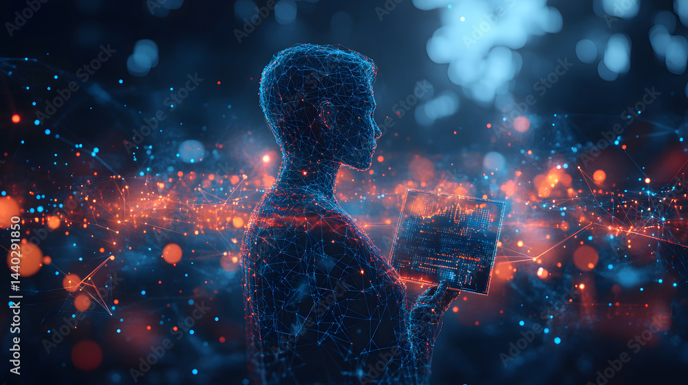 Aufkleber Futuristic wireframe figure holds a glowing data display showing charts and 