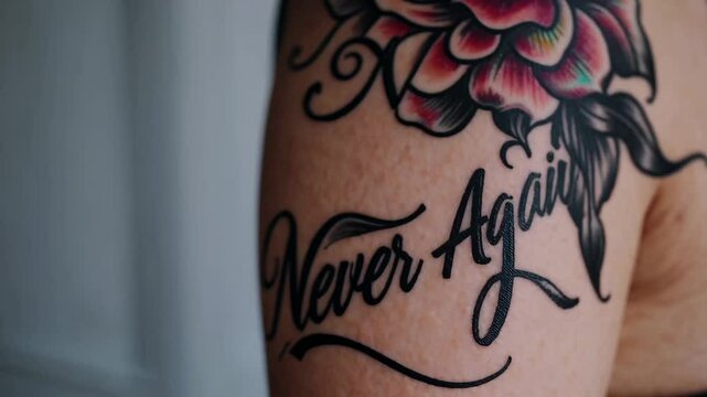 Artistic tattoo transformation: closeup of floral and script design emerging on arm