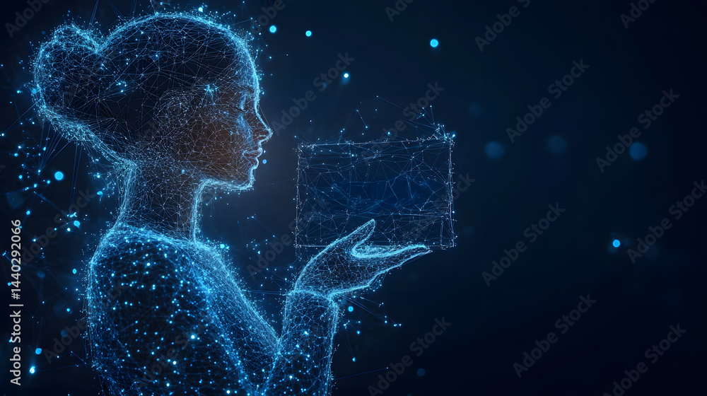 Poster futuristic woman's profile, crafted from glowing blue lines, holds a frame displaying 'initc wisle' 
