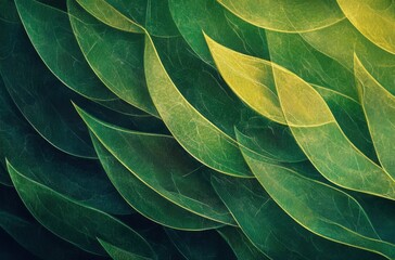 Nature-inspired abstract art of green lines forming leaf-like patterns in a layered gradient setting
