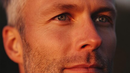 Obraz premium Close-up portrait of a man's face. the man appears to be in his late 30s or early 40s, with short blonde hair and a beard.