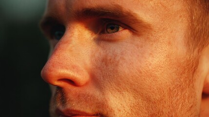 Obraz premium Close-up of a man's face. the focus is on his nose and upper lip. he appears to be in his late twenties or early thirties. his hair is short and neatly combed, and his eyes are a deep blue.