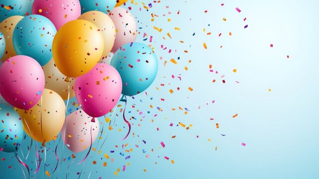 Festive celebratory background with colorful balloons and confetti on a blue backdrop