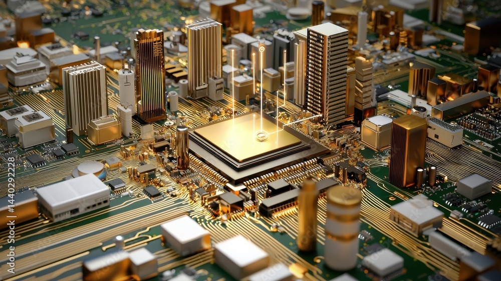 Poster high-tech ai chip on motherboard with abstract digital grid overlay