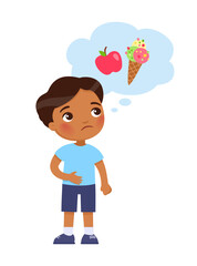 Sad little boy holding his stomach, feeling hungry and thinking about food.
Cute cartoon character
