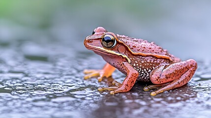 A reddish-brown frog with dark speckles sits on a wet, dark surface  Its large eyes are prominent
