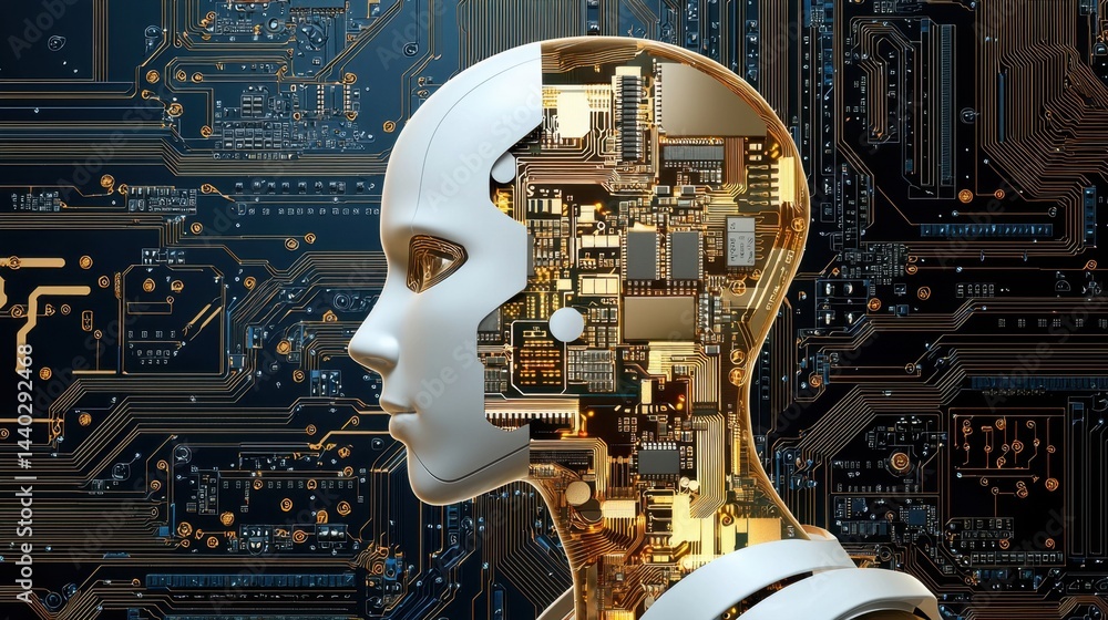 Aufkleber high-tech ai chip on motherboard with abstract digital grid overlay