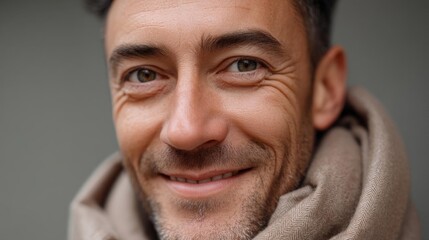 Fototapeta premium Close-up portrait of a man's face. he is smiling widely and looking directly at the camera. he has dark hair and a beard, and his eyes are a bright blue. he appears to be in his late 30s or early 40s.