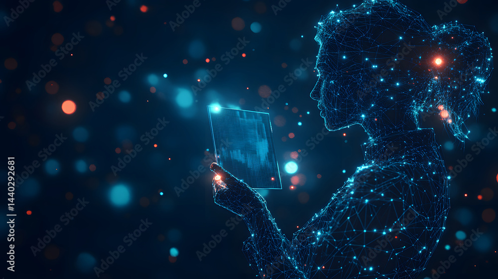 Poster futuristic depiction of a woman interacting with a digital tablet displaying screen. blue and orange