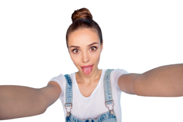 Self photo of charming cute attractive playful girlfriend showing you her tongue while isolated with blue background