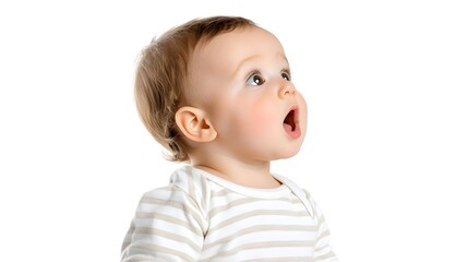 A surprised baby with open mouth looks upward, wearing a striped shirt against a white background
