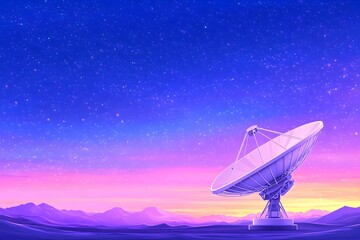 A large satellite dish rests in a purple desert landscape under a vibrant, starlit sky