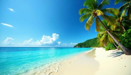 Vibrant beach scenery with crystal clear waters and palm trees swaying in the breeze, shore, paradise